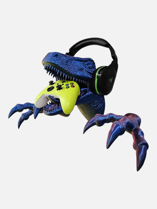 Velociraptor Dinosaur Head Wall Mounted Headset and Controller Holder